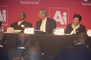  (l-r) Ugandan President Yoweri Museveni, Executive Director -UN Office for Partnerships, Amir Dossal, and President Sirleaf at the CEO Investment Summit in New York (1)
