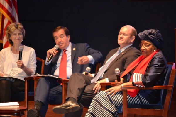  President Sirleaf is seated on the platform with (right to left) Senator Chris Coons, Congressman Ed Royce and moderator Tami Hultman of AllAfrica news service