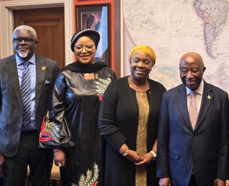 L-R: Cabinet Director Dr. Nathaniel Kwabo, Minister Mamaka Bility, Foreign Minister Beysolow-Nyanti, and President Boakai