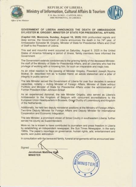  Micat Annnouncement on the death of Ambassador Grisby